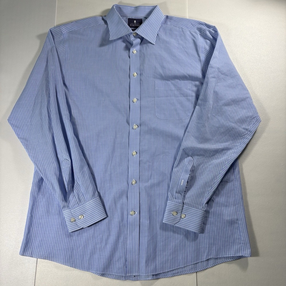 Stafford Travel Easy Care Broadcloth Blue White Pinstripe Shirt Men's 17 36-37